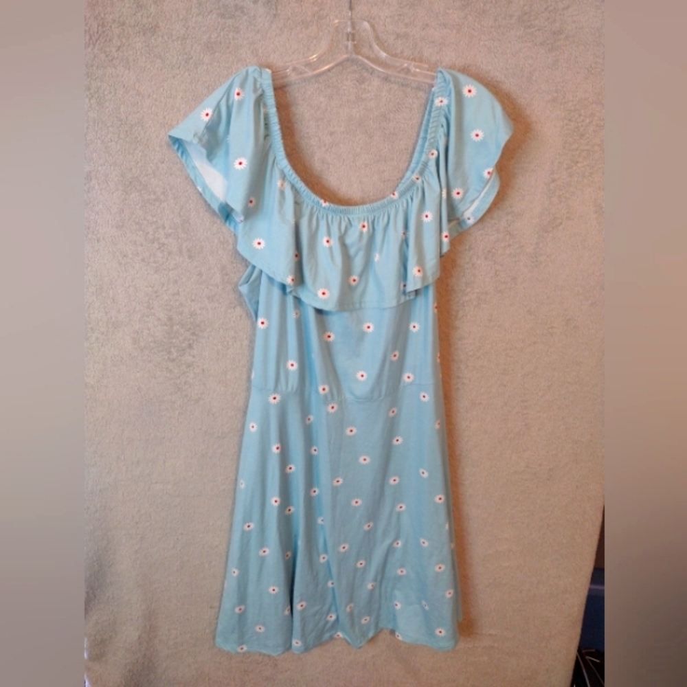 Joe Boxer Off Shoulder Flutter Sleeve Daisy Floral Stretch Sundress Blue 2X